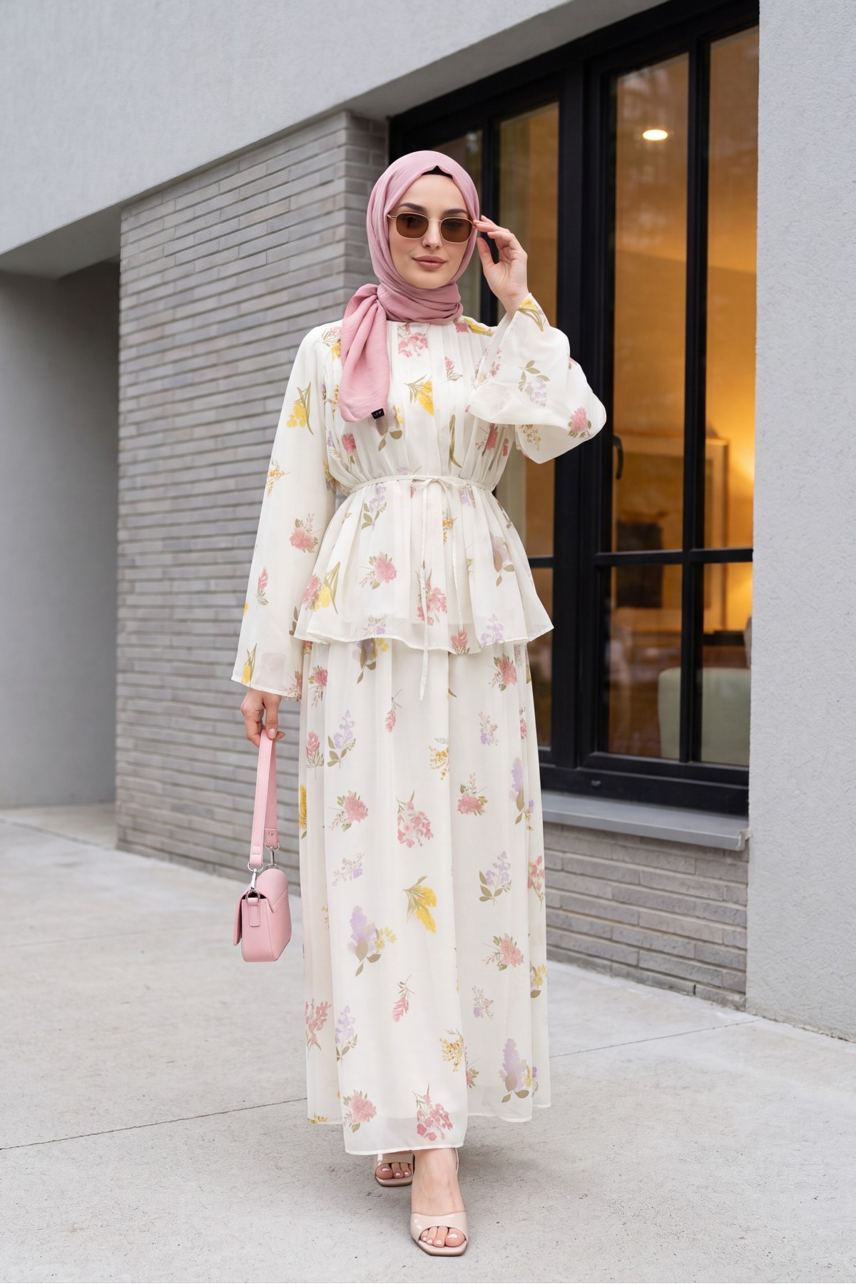Spanish-style chiffon set with lined sleeves, belt, and floral skirt. -Ecru
