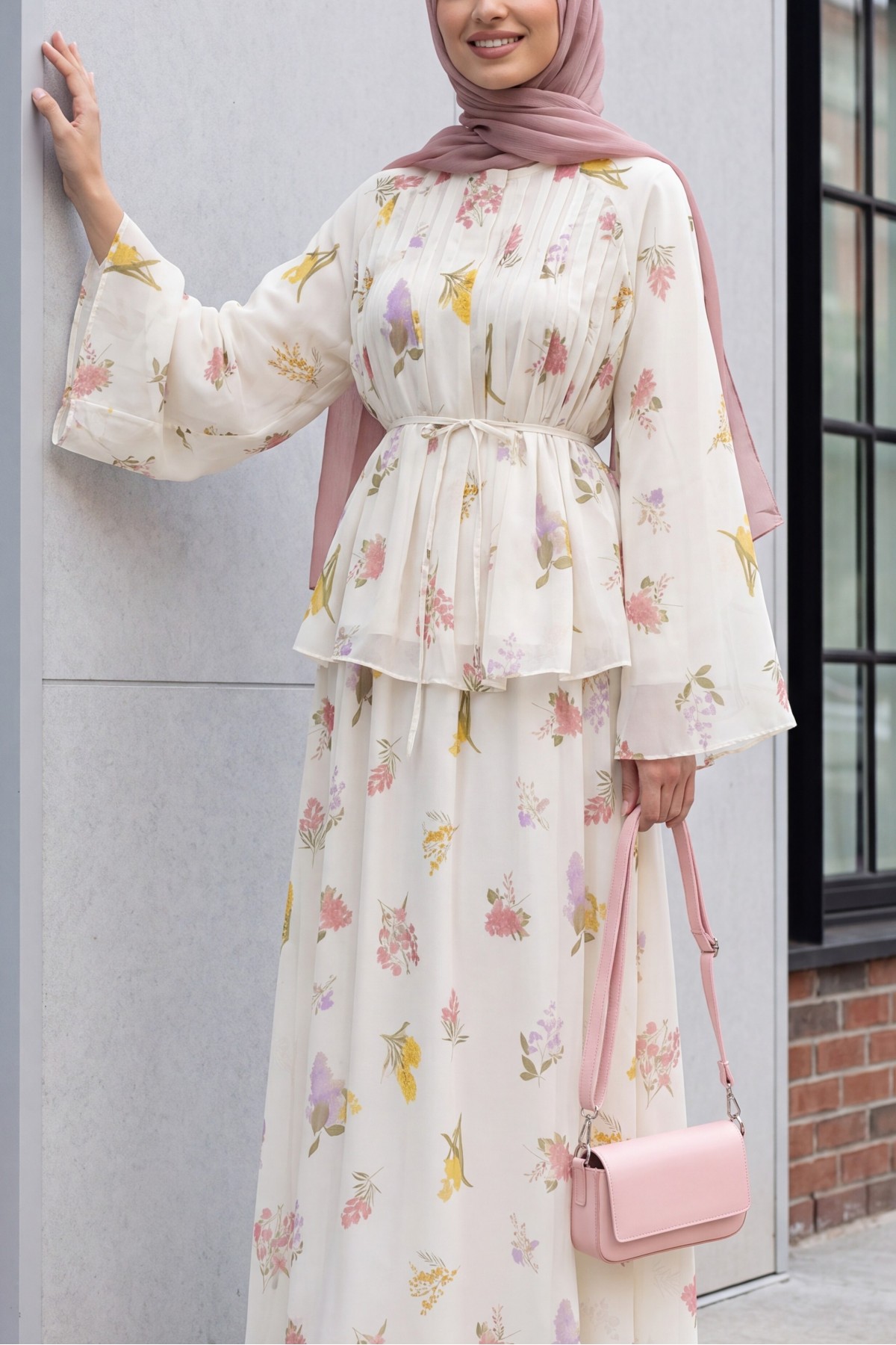 Spanish-style chiffon set with lined sleeves, belt, and floral skirt. -Ecru