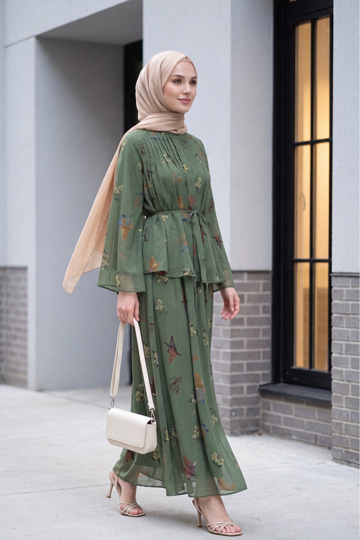 Spanish-style chiffon set with lined sleeves, belt, and floral skirt. -Khaki detay görseli
