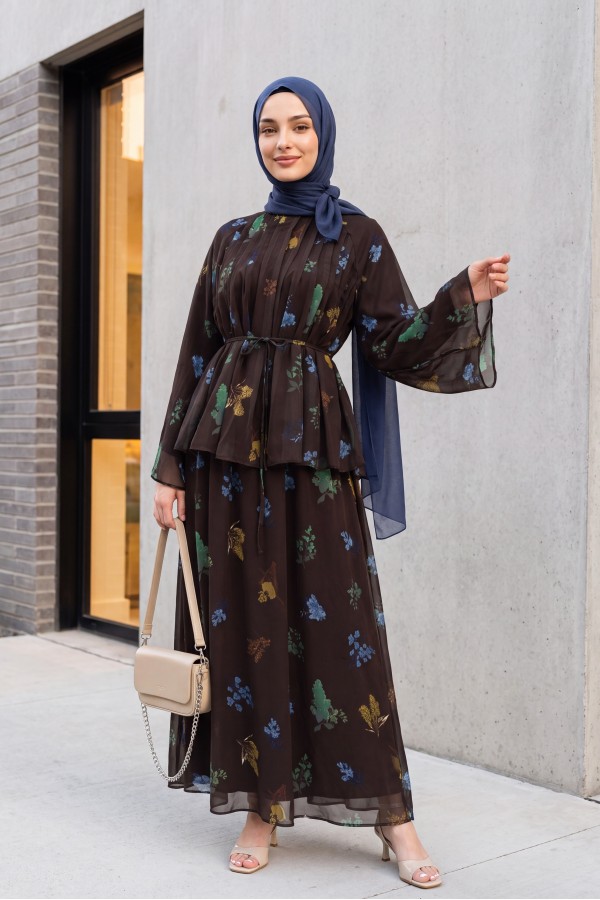 Spanish-style chiffon set with lined sleeves, belt, and floral skirt. -Dark Coffee