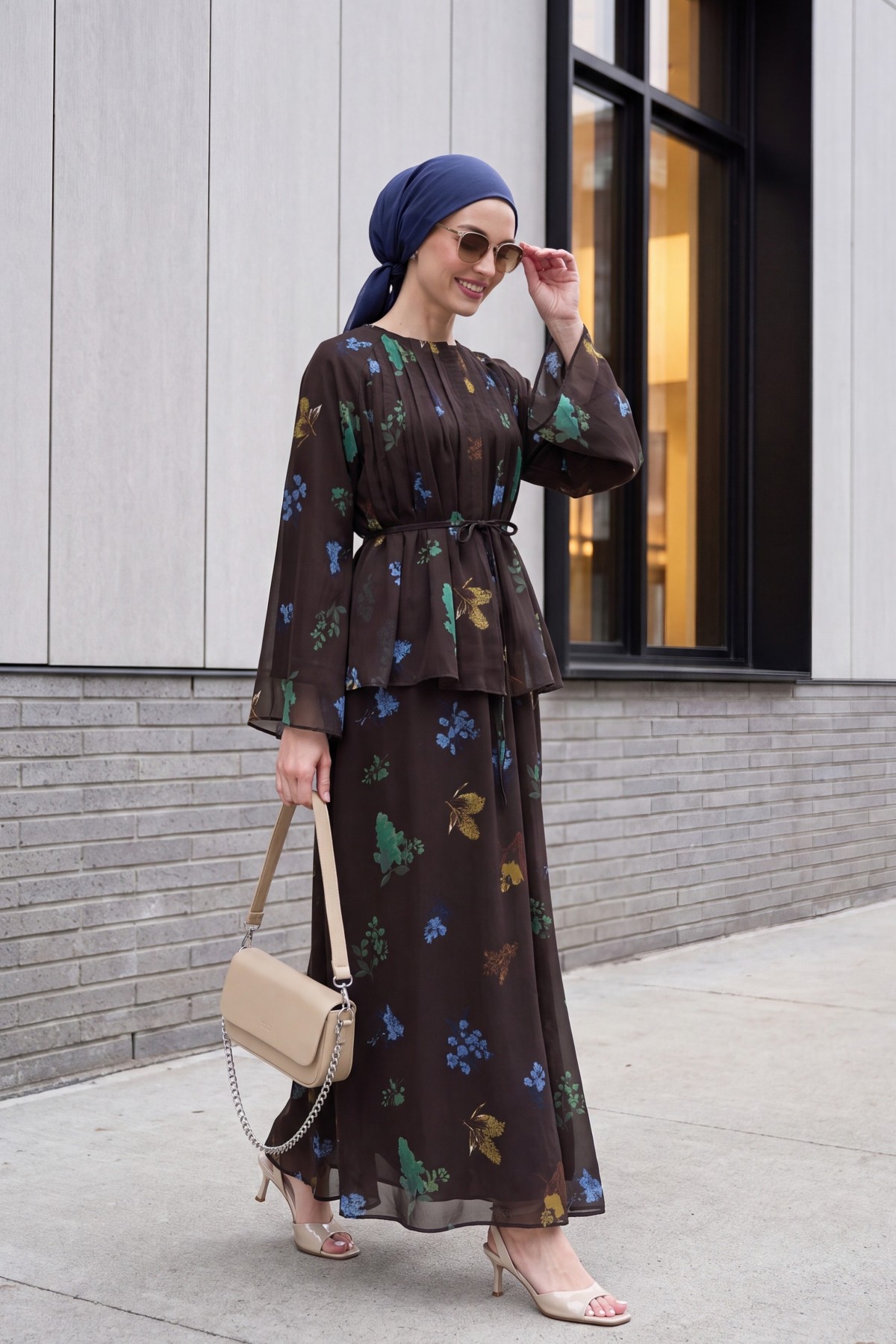 Spanish-style chiffon set with lined sleeves, belt, and floral skirt. -Dark Coffee