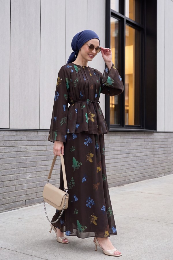 Spanish-style chiffon set with lined sleeves, belt, and floral skirt. -Dark Coffee