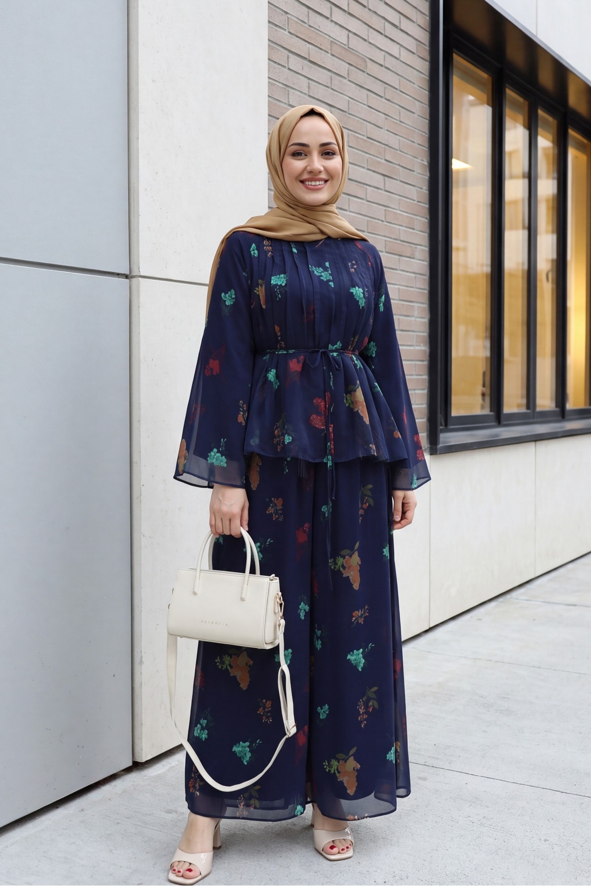 Spanish-style chiffon set with lined sleeves, belt, and floral skirt. -Navy blue detay görseli
