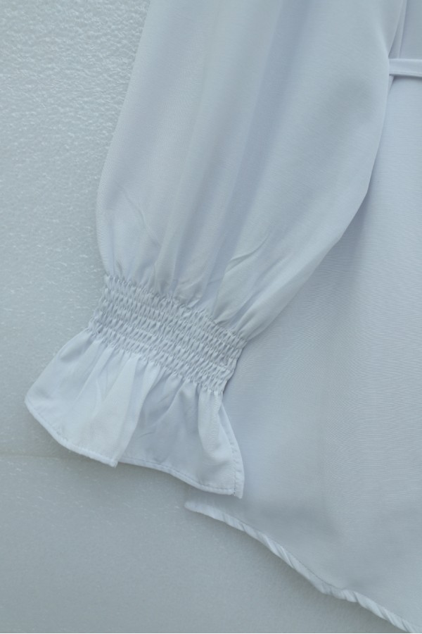 Bebe Yaka Nakışlı Beli Bağlamalı Poplin Gömlek -Beyaz