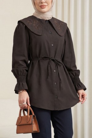 Bebe Yaka Nakışlı Beli Bağlamalı Poplin Gömlek -K. Kahve
