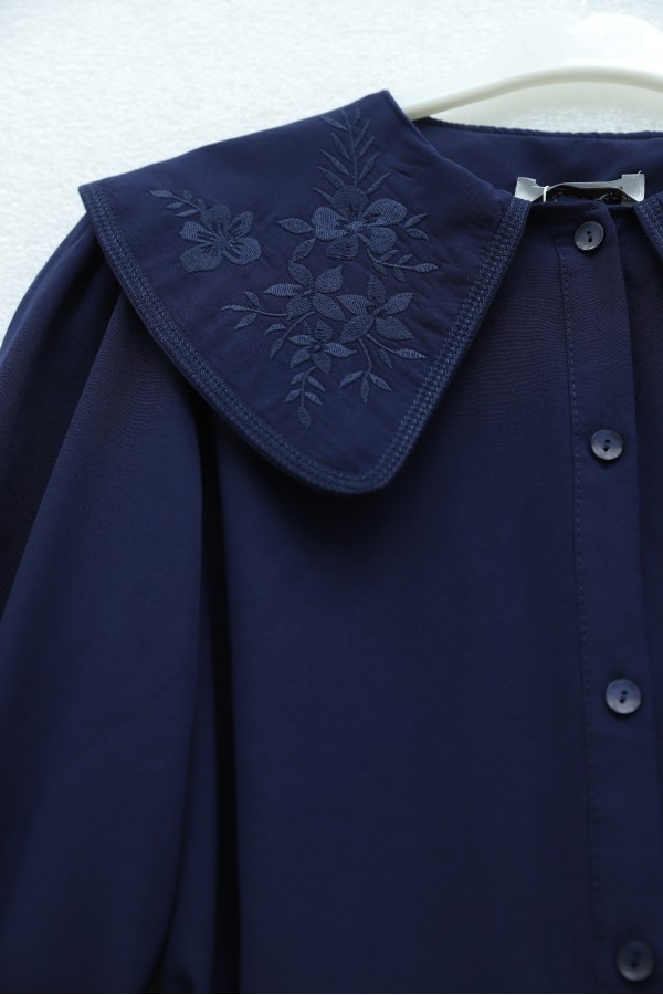 Baby Collar Embroidered Poplin Shirt with Tie Waist -Navy blue