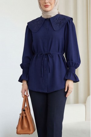 Bebe Yaka Nakışlı Beli Bağlamalı Poplin Gömlek -Laci