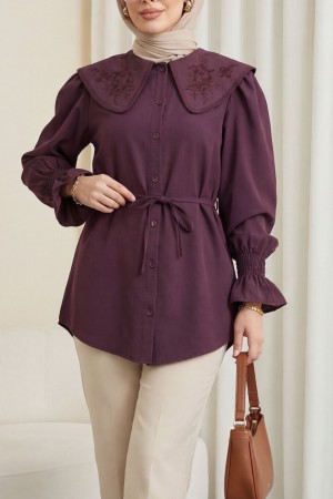 Bebe Yaka Nakışlı Beli Bağlamalı Poplin Gömlek -Mürdüm