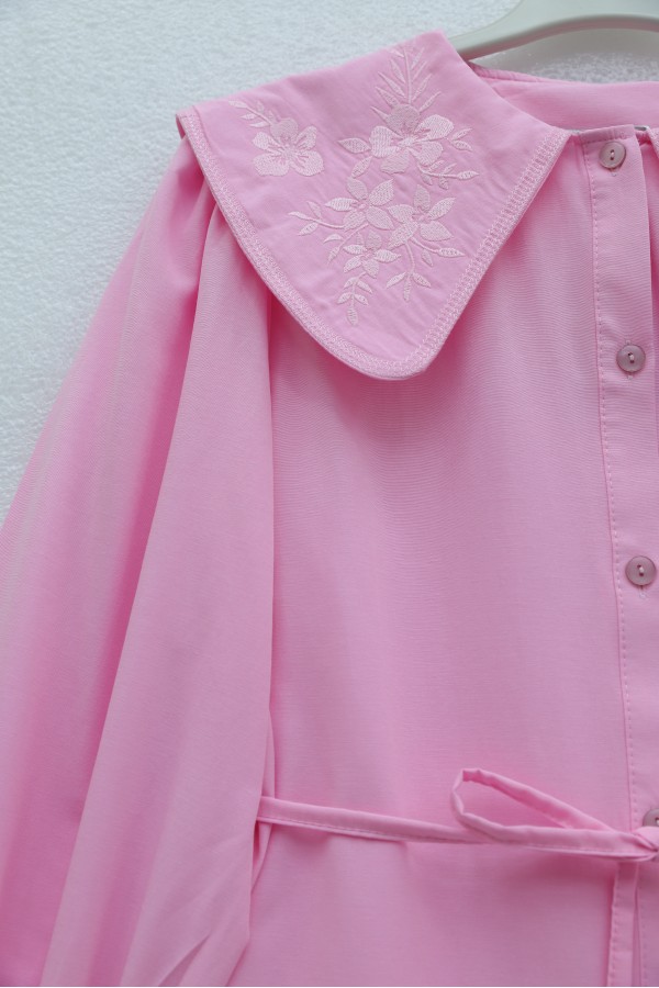 Baby Collar Embroidered Poplin Shirt with Tie Waist -Pink