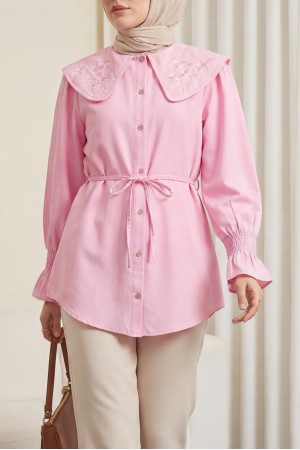 Bebe Yaka Nakışlı Beli Bağlamalı Poplin Gömlek -Pembe