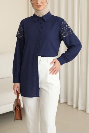 Omuzu Taş Detaylı Yırtmaçlı Düğmeli Cupra Gömlek -Laci