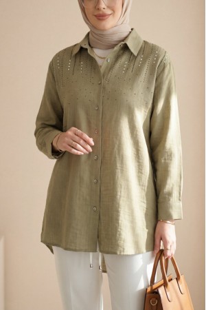 Derin Vual Omzu Dizme Taş Detaylı Düğmeli Gömlek -Yeşil