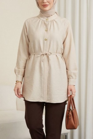 Süs Düğmeli Reglan Kol Bağcıklı Çilek Gömlek -Bej