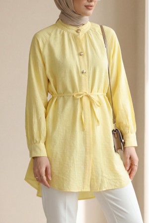 Süs Düğmeli Reglan Kol Bağcıklı Çilek Gömlek -Sarı
