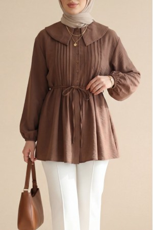 Bebe Yaka Önü Katlama Detaylı Kolu Lastikli Çilek Gömlek -Açık Kahve