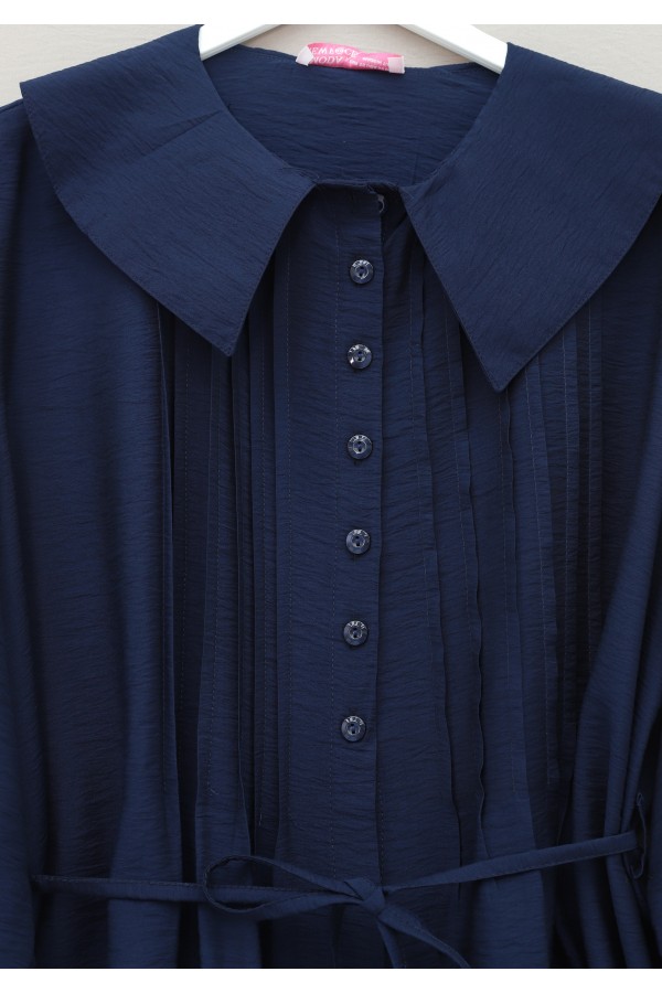 Peter Pan Collar Front Fold-Up Detail Elasticated Sleeve Strawberry Shirt -Navy blue