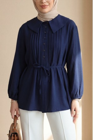 Bebe Yaka Önü Katlama Detaylı Kolu Lastikli Çilek Gömlek -Laci