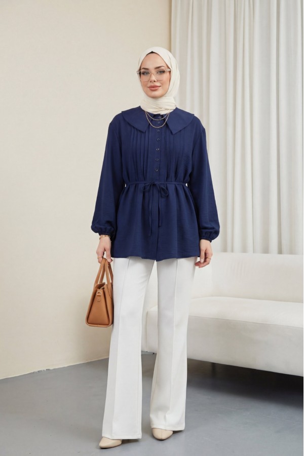 Peter Pan Collar Front Fold-Up Detail Elasticated Sleeve Strawberry Shirt -Navy blue