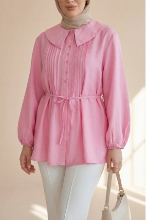 Bebe Yaka Önü Katlama Detaylı Kolu Lastikli Çilek Gömlek -Pembe