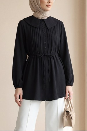 Bebe Yaka Önü Katlama Detaylı Kolu Lastikli Çilek Gömlek -Siyah