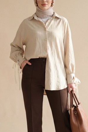 Kolu Bağcıklı Çizgi Desen Çilek Gömlek -Bej