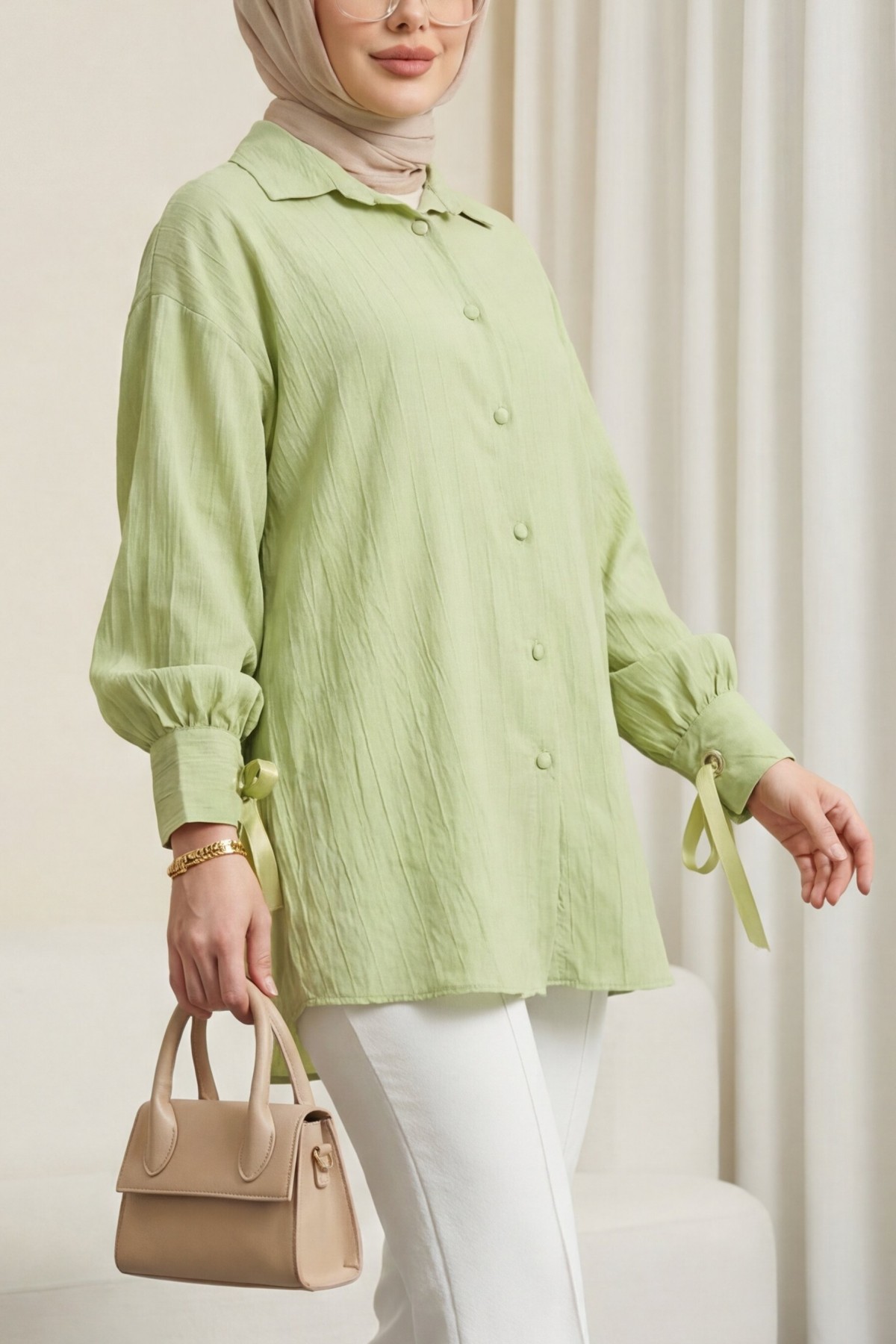 Strawberry Striped Shirt with Lace-Up Sleeves -Cagla Green