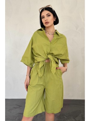 Yağ Yeşili Kısa Kollu Keten Gömlek Ve Şort Takım