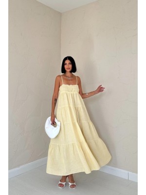 Sarı Askılı Parçalı Çizgili Müslin Elbise