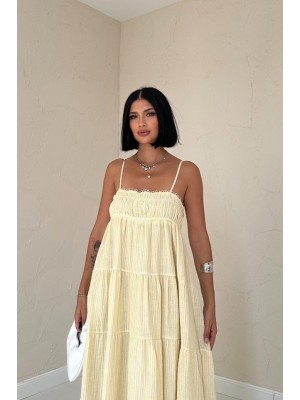 Sarı Askılı Parçalı Çizgili Müslin Elbise