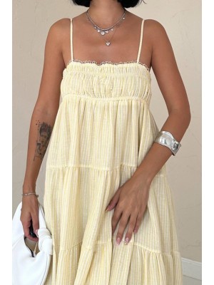Sarı Askılı Parçalı Çizgili Müslin Elbise
