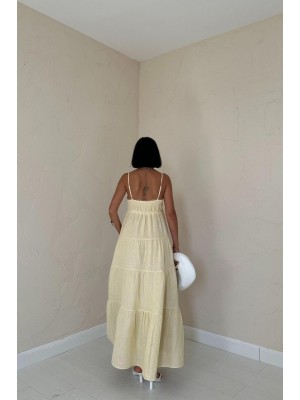 Sarı Askılı Parçalı Çizgili Müslin Elbise