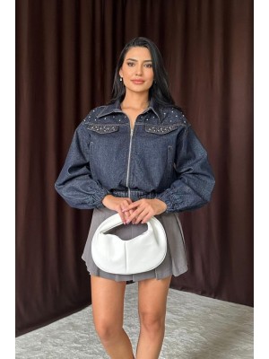 Mavi Taşlı Kısa Kot Ceket
