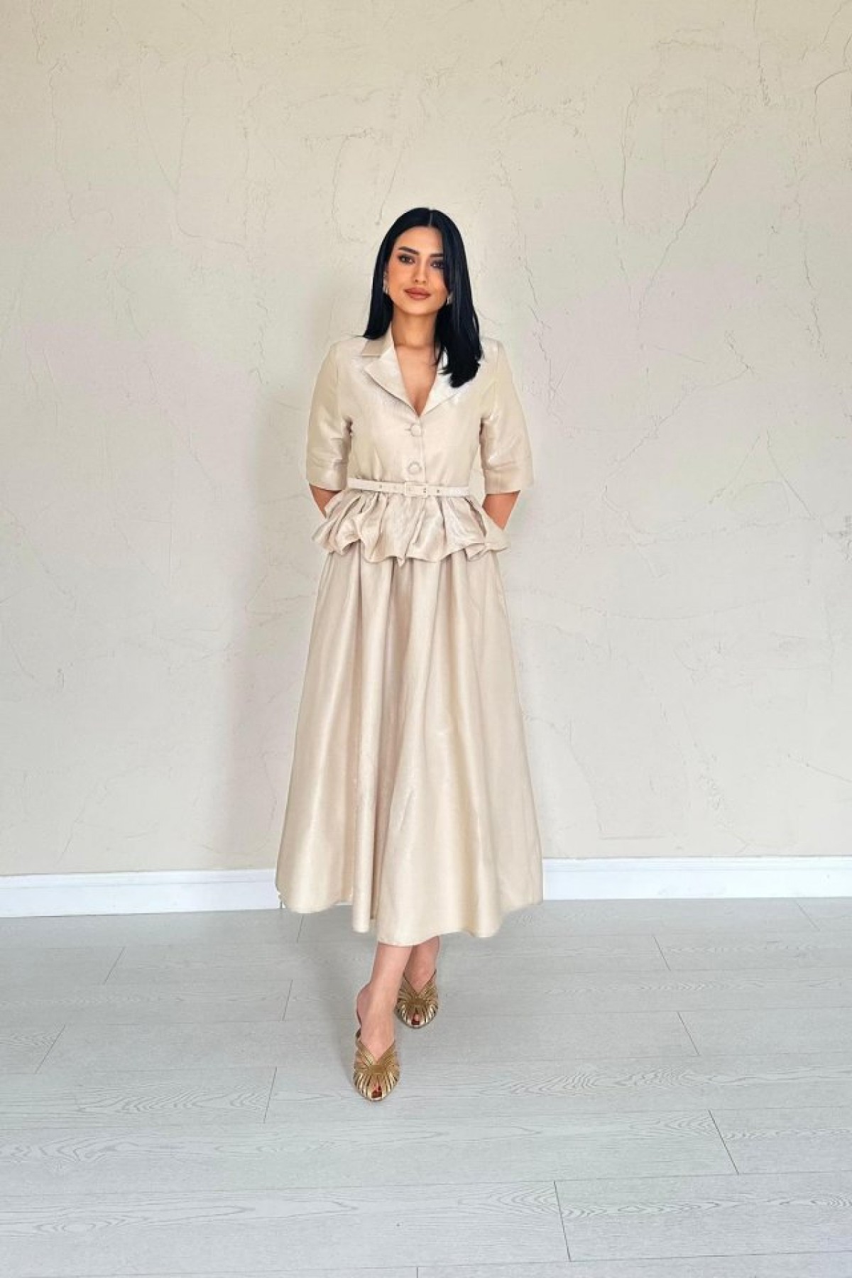 Beige Slim Belted Ruffled Jacket and Gathered Skirt Set
