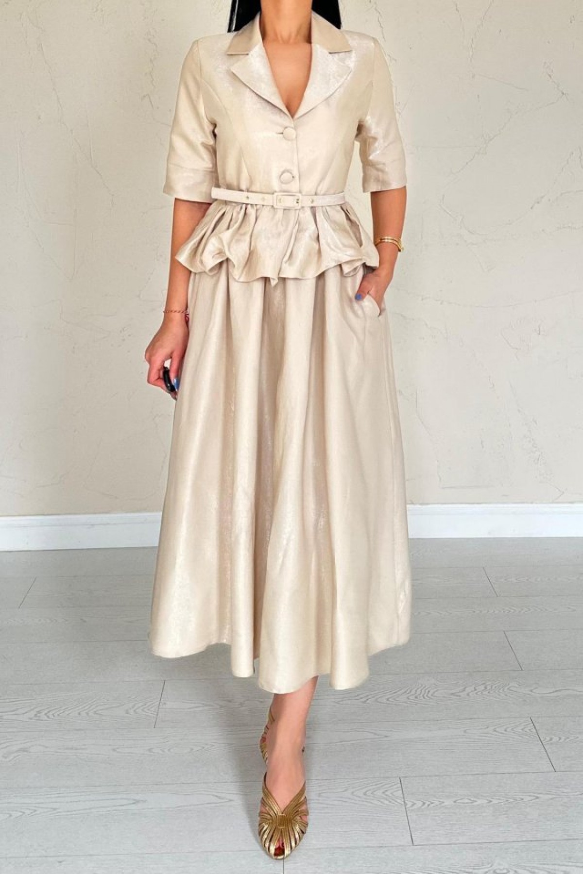 Beige Slim Belted Ruffled Jacket and Gathered Skirt Set