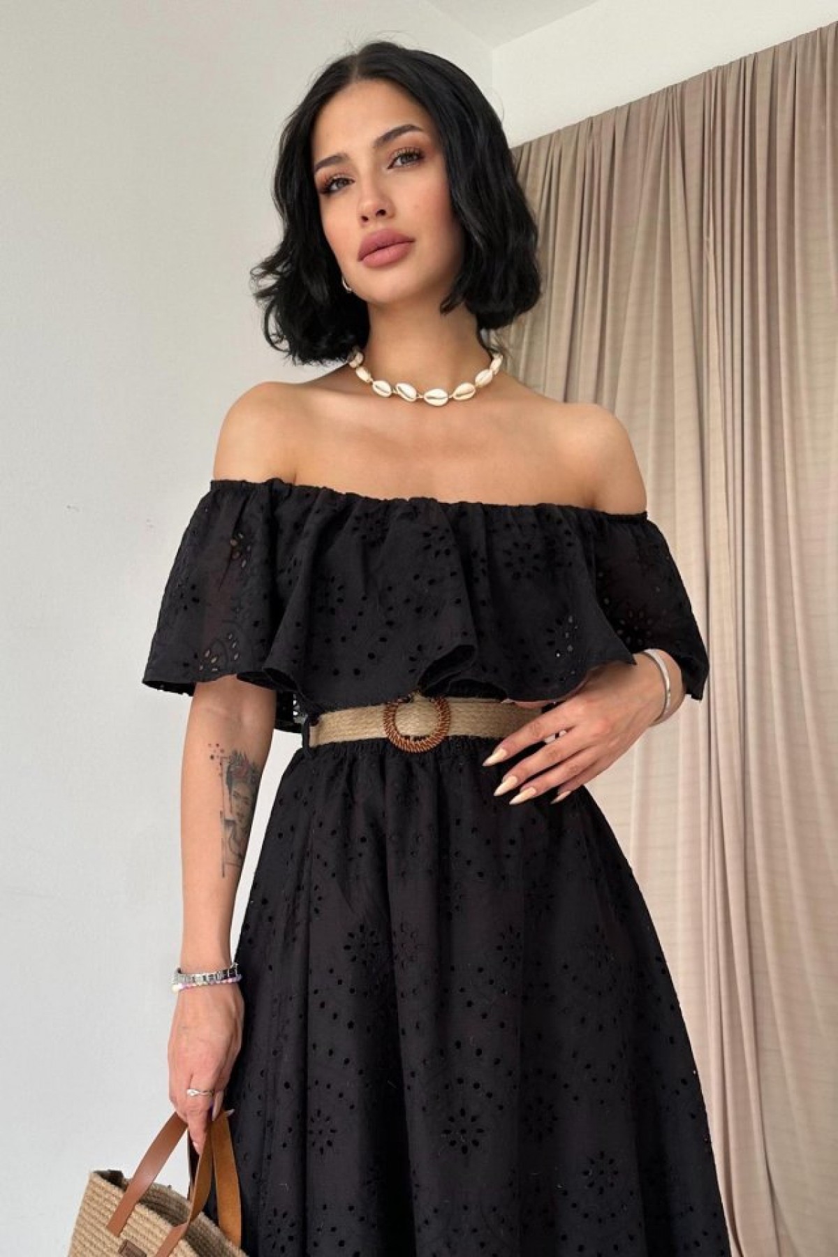 Black Embroidered Dress with Elastic Shoulders