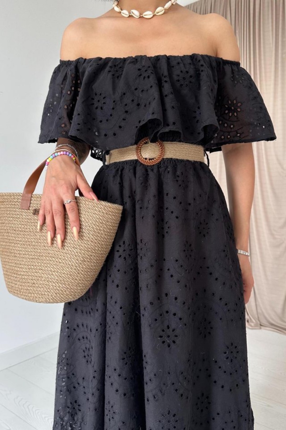 Black Embroidered Dress with Elastic Shoulders