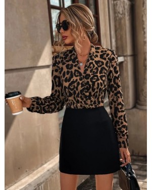 Women's Long-Sleeve Wrap Neck Crepe Mini Dress