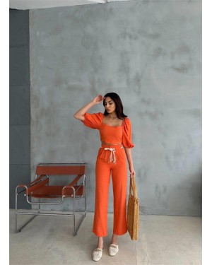 KETEN CROP KARPUZ KOL BLUZ-PANTOLON HASIR KEMERLİ - Orange