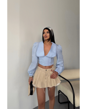 CROP POPLİN GÖMLEK YAKA KENAR DANTEL DETAYLI - Bebe Mavi