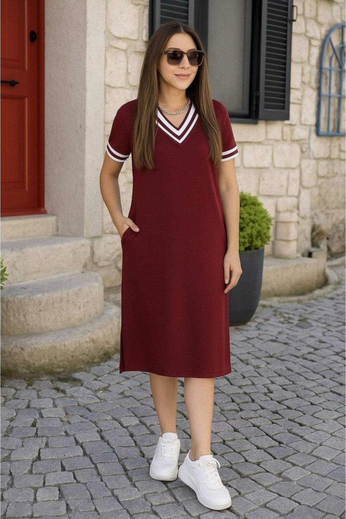 Women's Short Sleeve V Neck and Rib Collar Detail Midi Length Viscose Dress