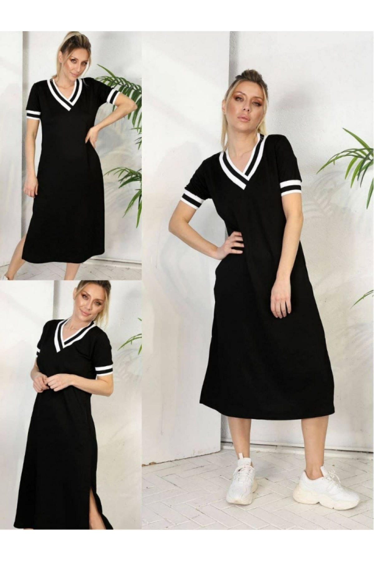 Women's Short Sleeve V Neck and Rib Collar Detail Midi Length Viscose Dress