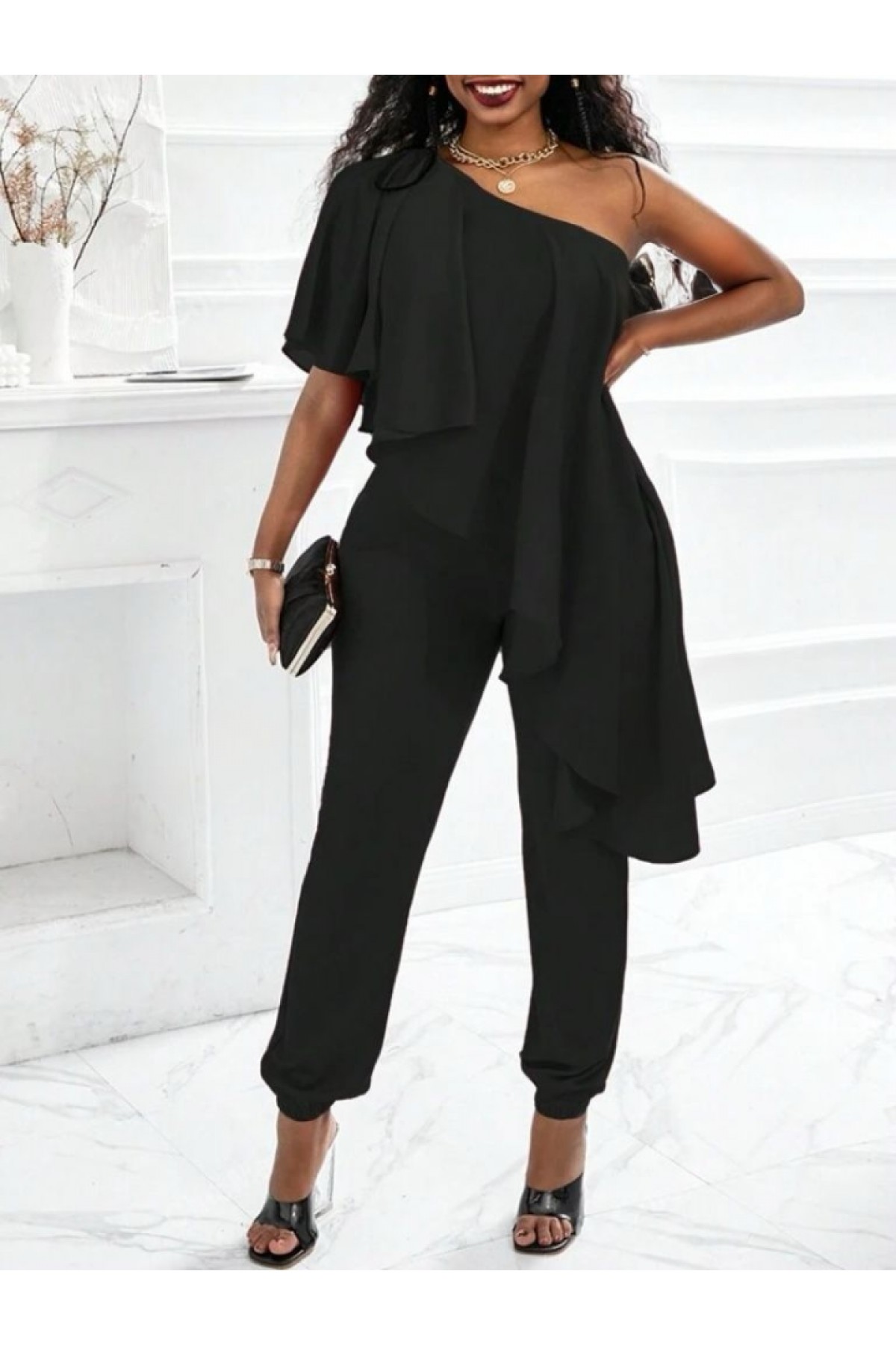 Women's Sleeveless One Shoulder Open Front Flounce Detail Sandy Jumpsuit detay görseli