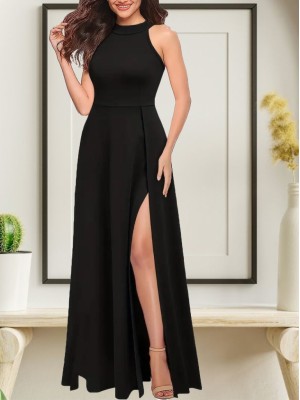 Women's Halter Neck Deep Slit Detailed Full Length Imported Crepe Evening Dress