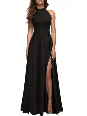 Women's Halter Neck Deep Slit Detailed Full Length Imported Crepe Evening Dress