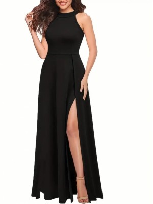 Women's Halter Neck Deep Slit Detailed Full Length Imported Crepe Evening Dress