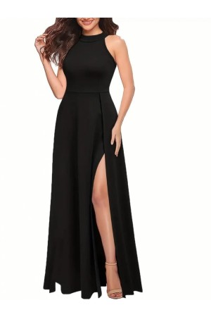 فستان سهرة نسائي طويل من الكريب المستورد بفتحة رقبة عميقة وتفاصيل فتحة عميقة