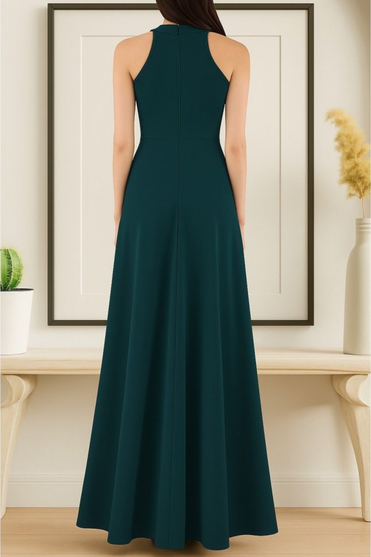 Women's Sleeveless Halter Neck Deep Slit Detailed Full Length Imported Crepe Dress