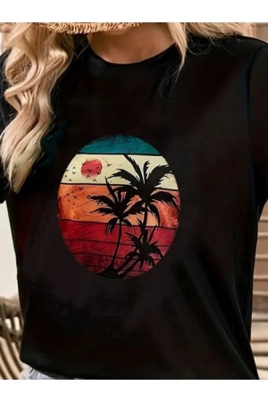 تي شيرت نسائي من الفيسكوز مطبوع عليه نخيل بأكمام قصيرة