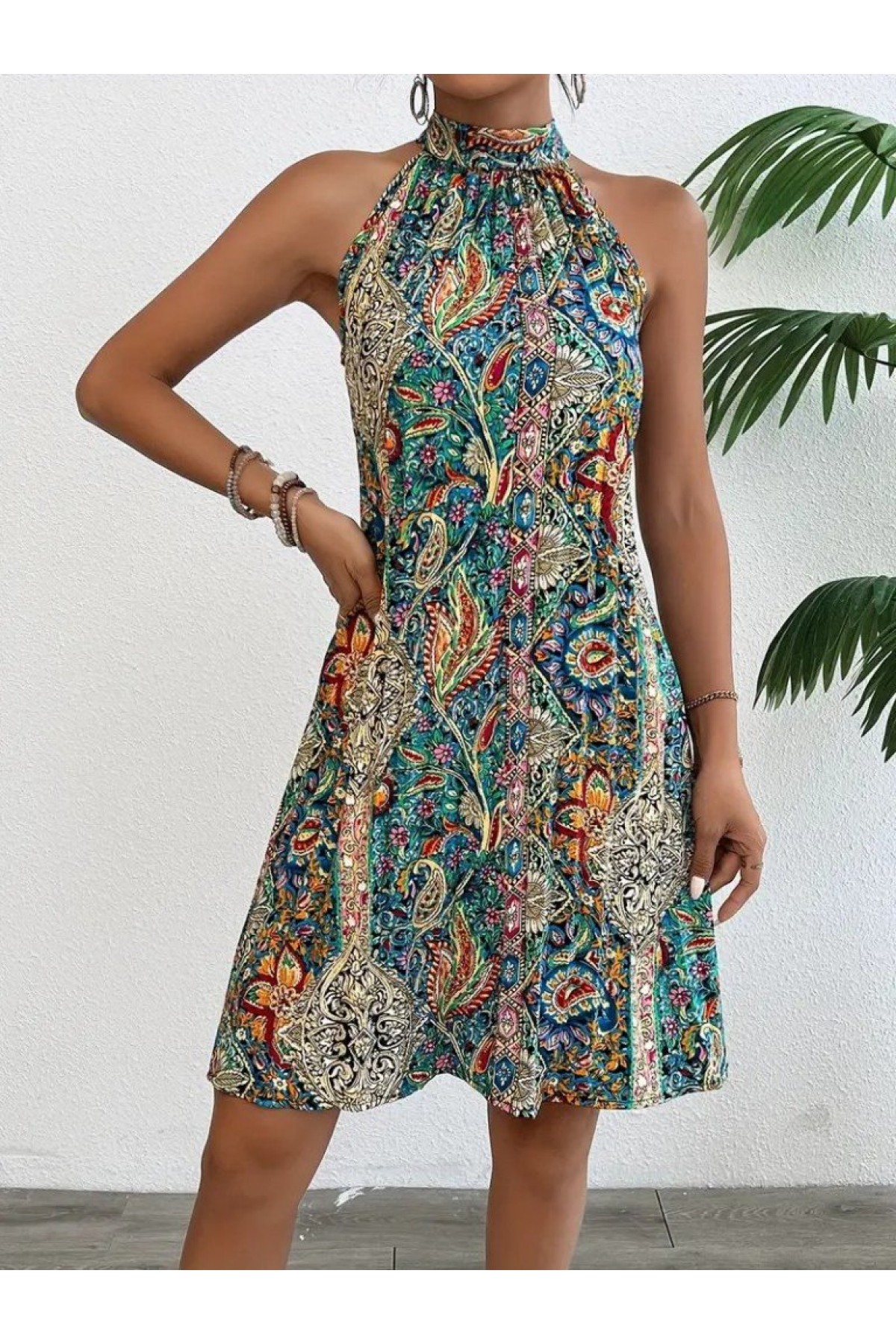 Women's Zero Sleeve Halter Neck Patterned Midi Jersey Dress