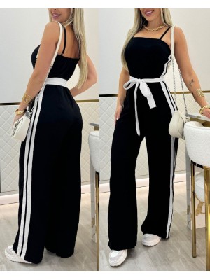 Women's Rope-Strapped Strapless Waist Belted Viscose Two-Layer Jumpsuit